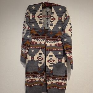rain + rose Aztec Pattern Open Cardigan Gray Cream Brick Burgundy Colors New